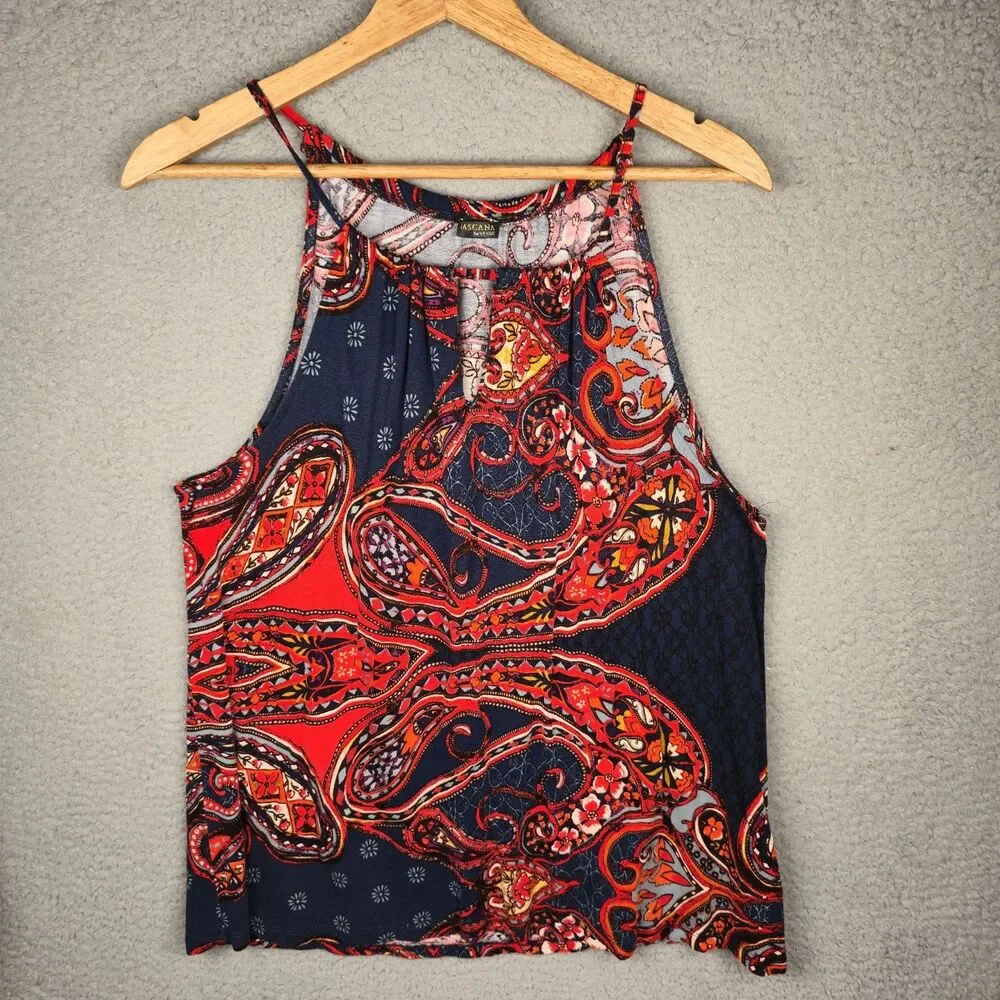 Lascana for Venus Paisley Tank Top Red Navy Sleeveless Keyhole Neck Boho Summer - Picture 5 of 11